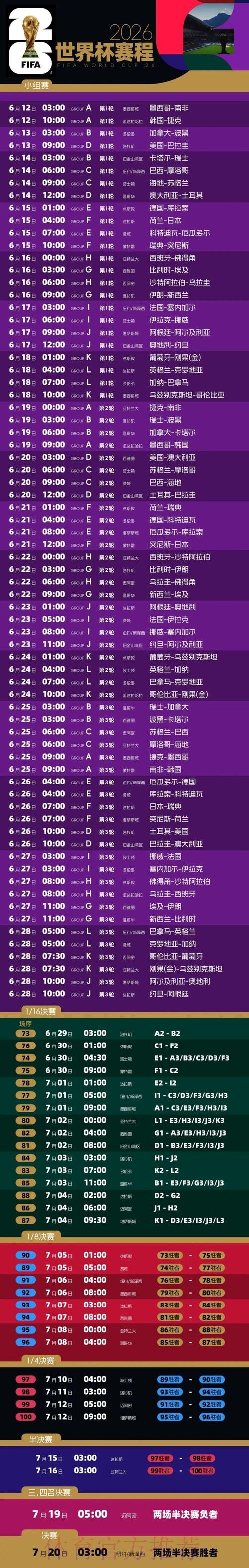 2026世界杯赛程表及直播时间安排完整版